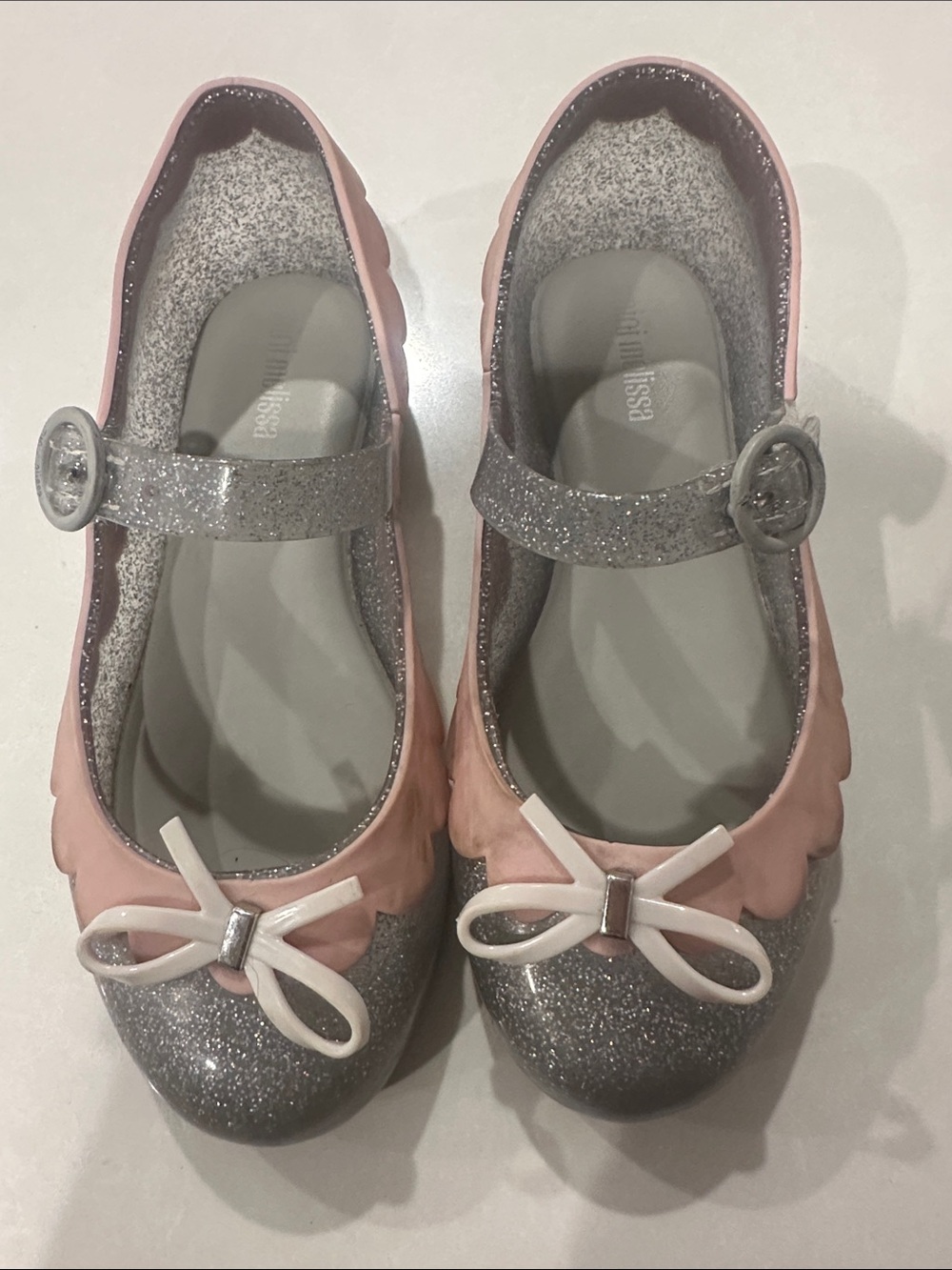 Mini Melissa Pink and Silver Glitter Mary Janes with Bow